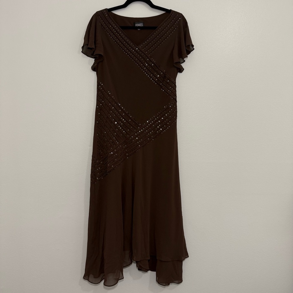 Adrianna Papell Chocolate Brown With Sequins Evening Dress Flowy Size 10